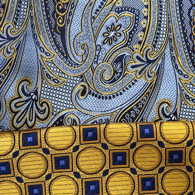 Ted McKenzie-Custom Bespoke Italian Silk Necktie Fabric-French Blue, Navy, Antique Gold Paisley.